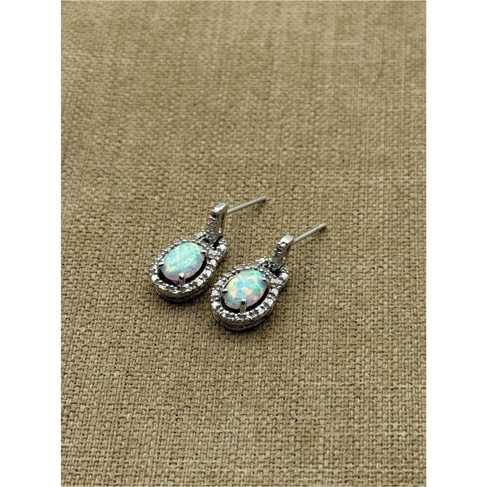 Lab created halo Opal sterling silver Drop Earrings diamond accent